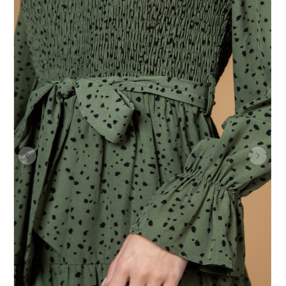 FEW LEFT❗️NEW IN By Very J Olive Ditzy Dots Long Sleeves Short Dress - Picture 3 of 14